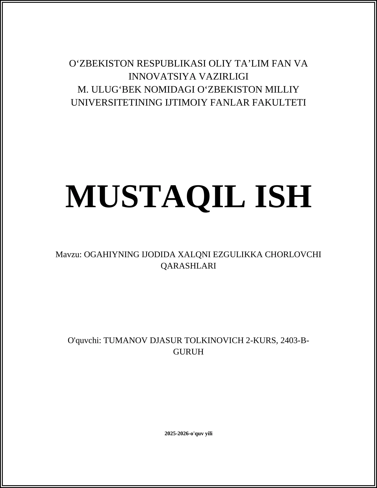 Ogahiyning Ijodida Xalqni Ezgulikka Chorlochi Qarashlari