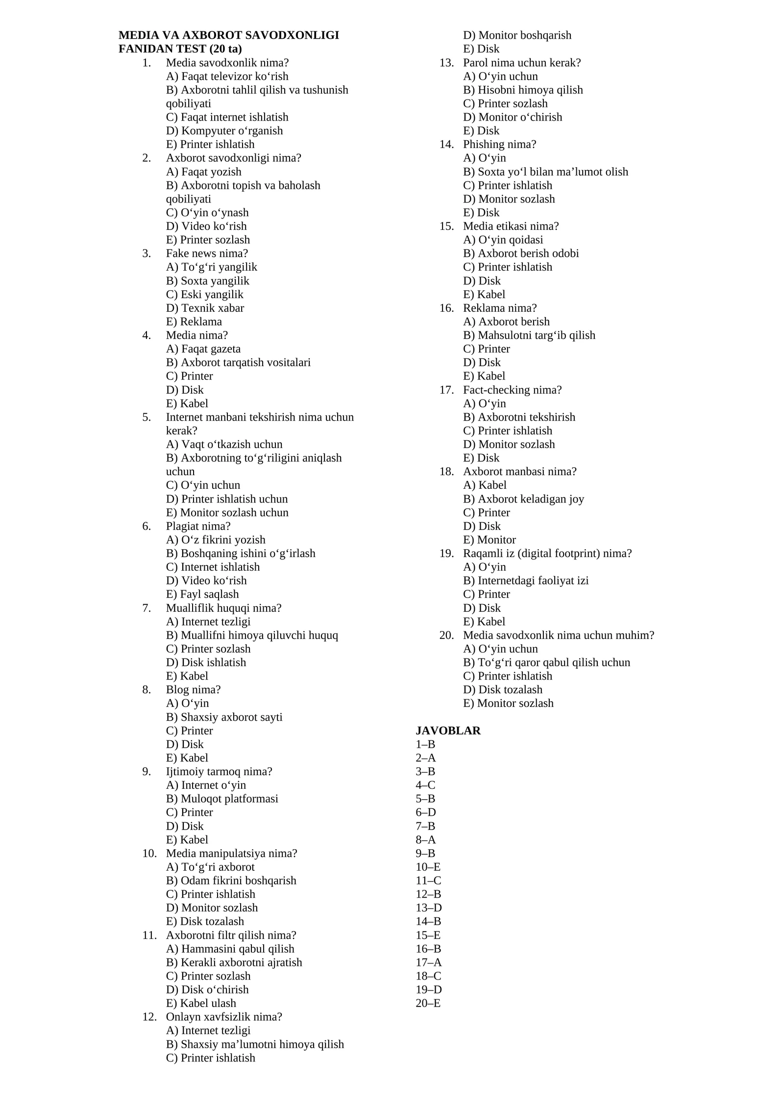 Media va axborot savodxonligi test