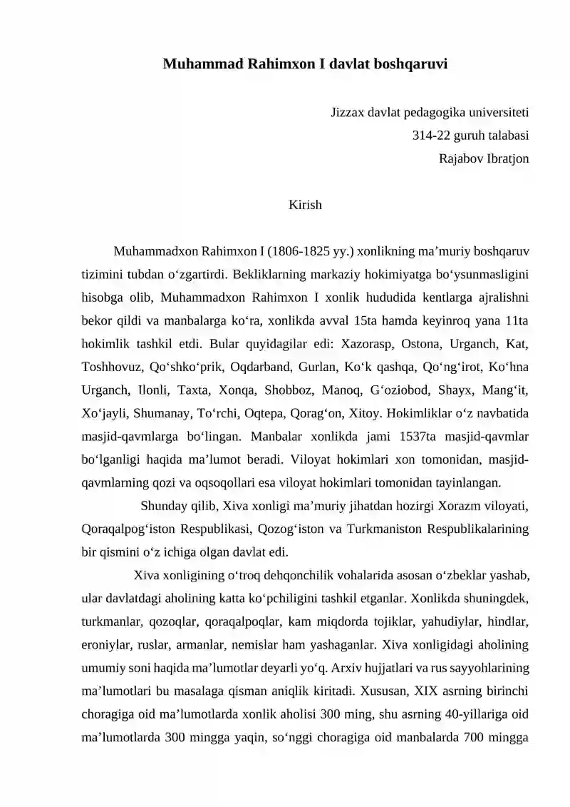 Muhammad Rahimxon I davlat boshqaruvi