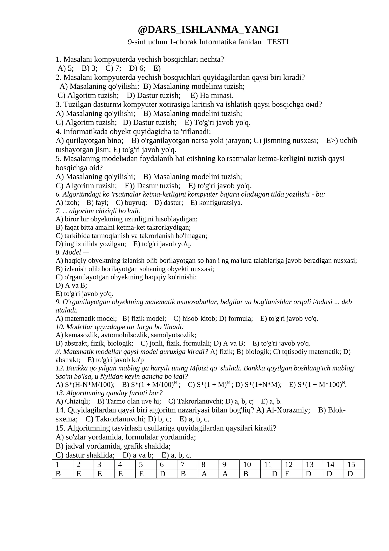 9-sinf uchun 1-chorak Informatika fanidan TESTI