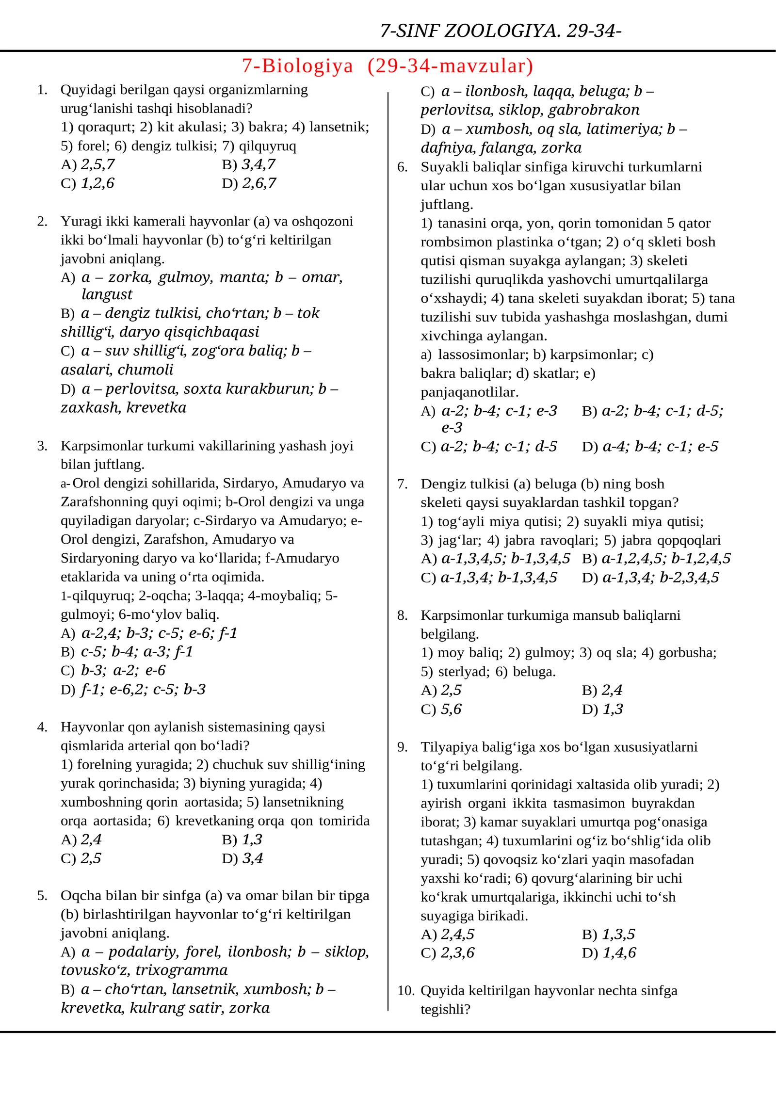 7-SINF ZOOLOGIYA. 29-34-MAVZULAR