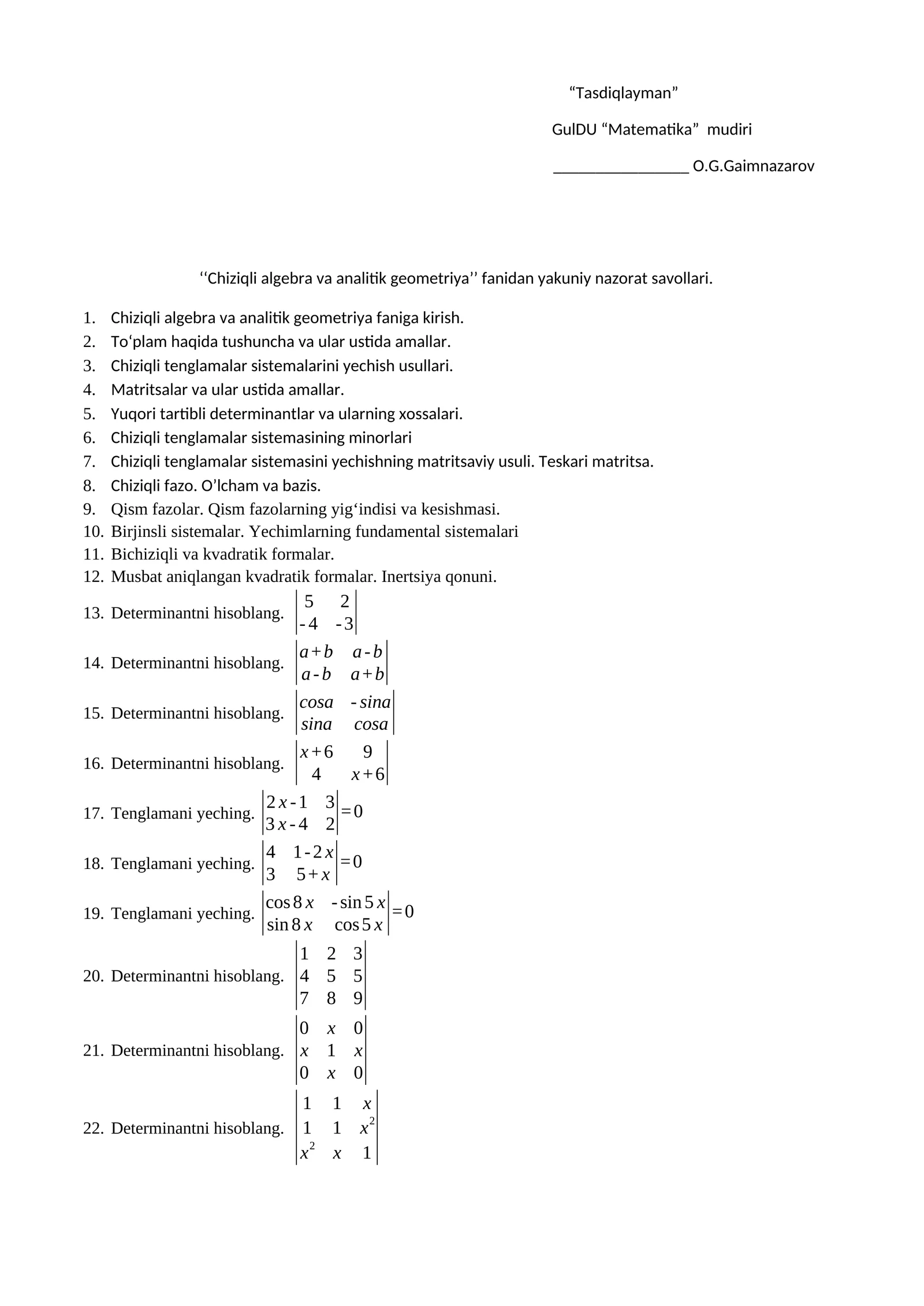 Chiziqli algebra va analitik geometriya yakuniy nazorat savollari