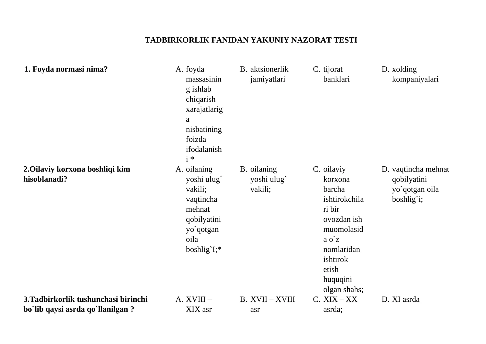 TADBIRKORLIK FANIDAN YAKUNIY NAZORAT TESTI 200 ta