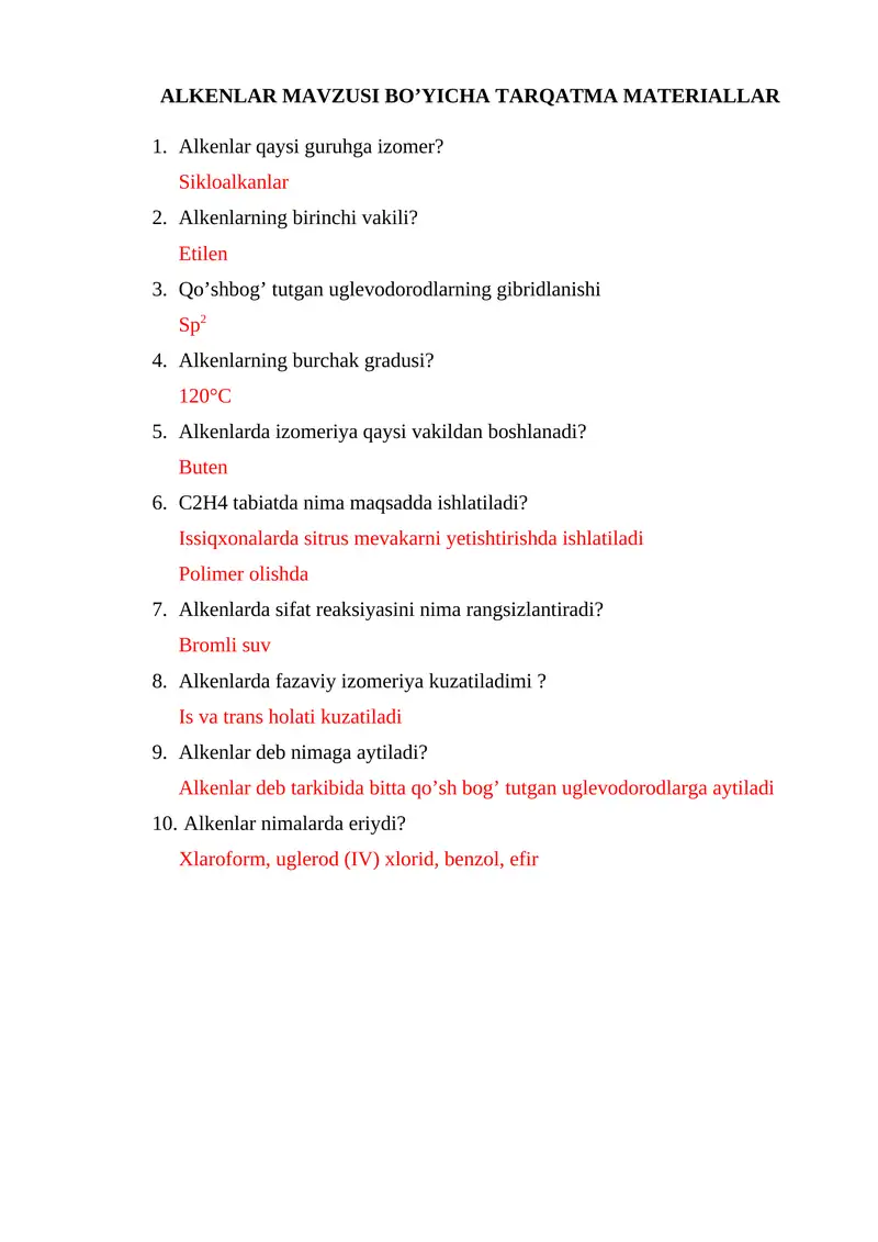 ALKENLAR MAVZUSI BO’YICHA TARQATMA MATERIALLAR