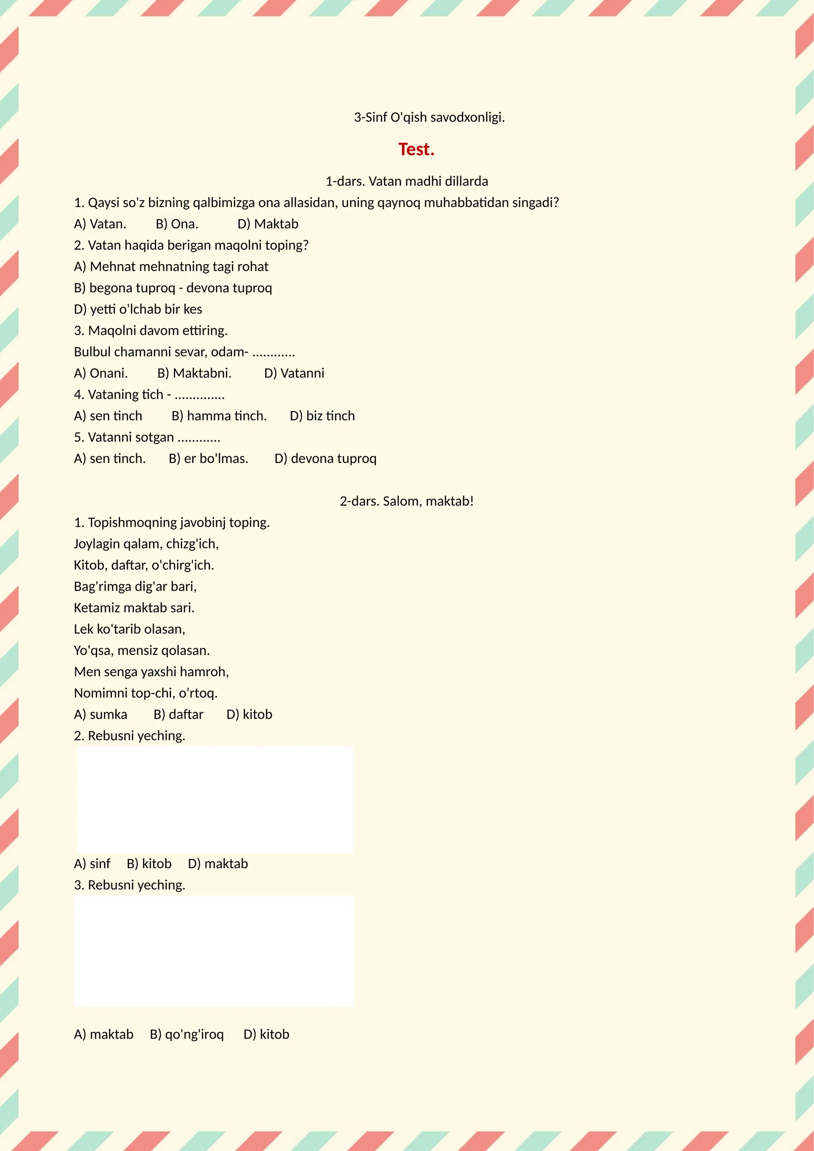 3-Sinf O'qish savodxonligi. Test