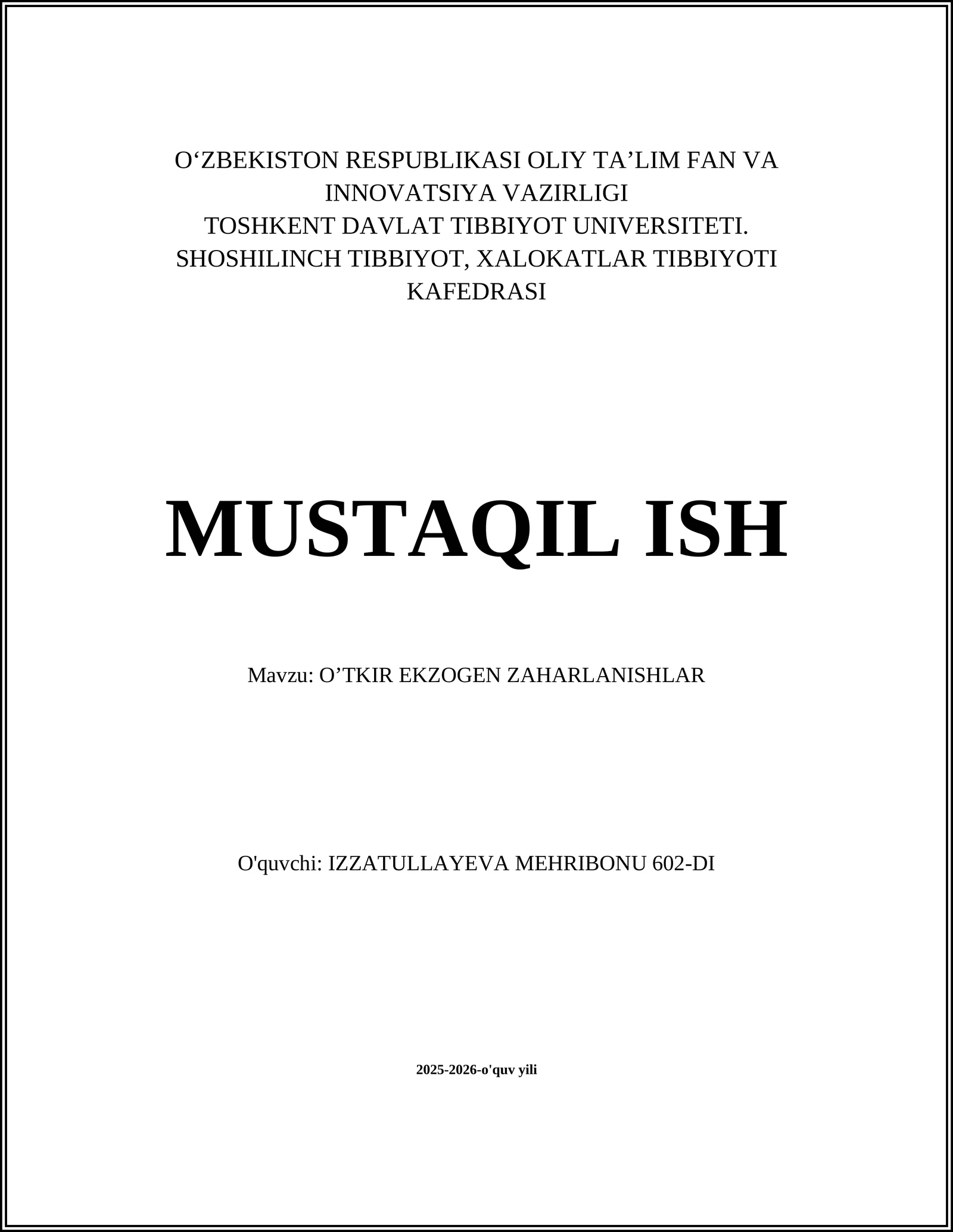 O‘TKIR EKZOGEN ZAHARLANISHLAR