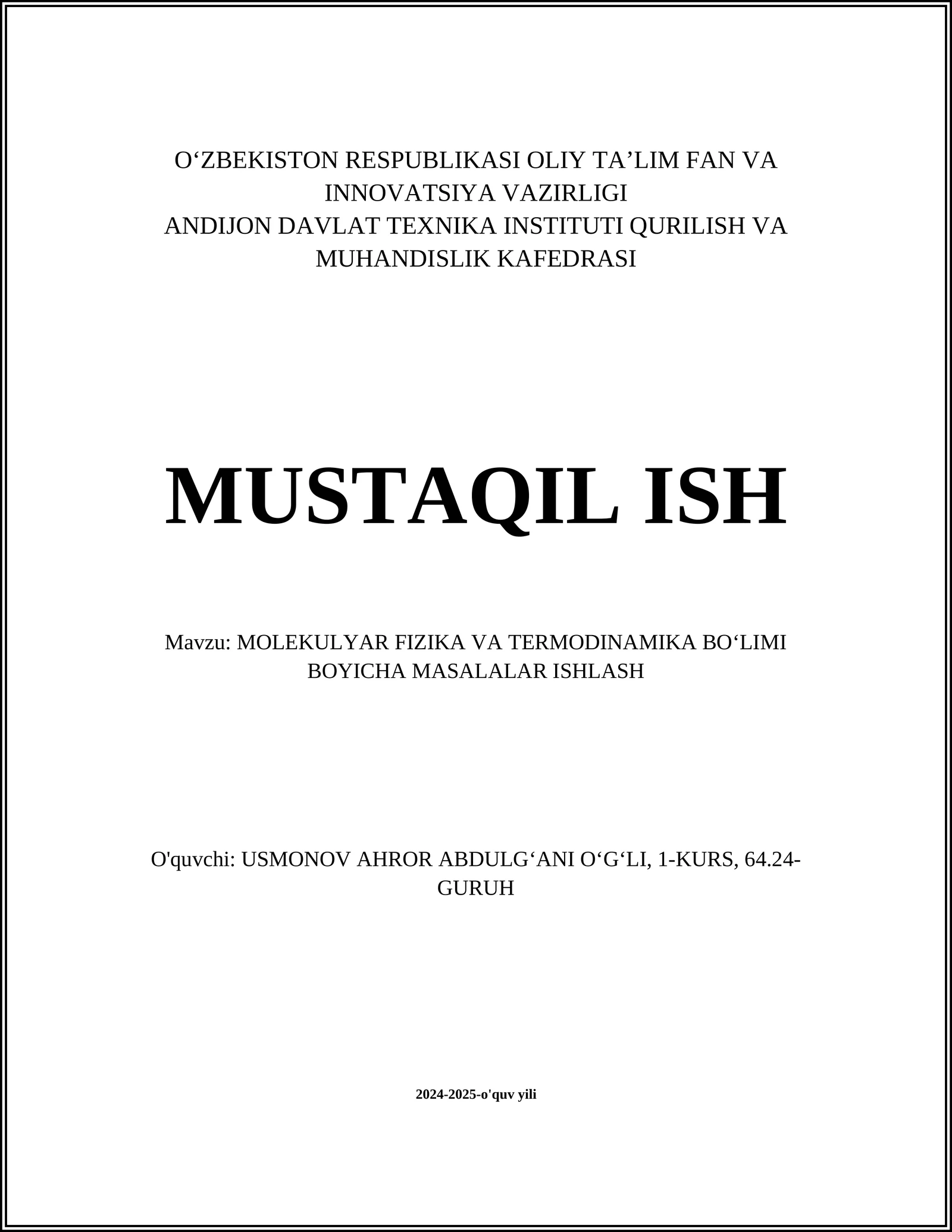 MOLEKULYAR FIZIKA VA TERMODINAMIKA