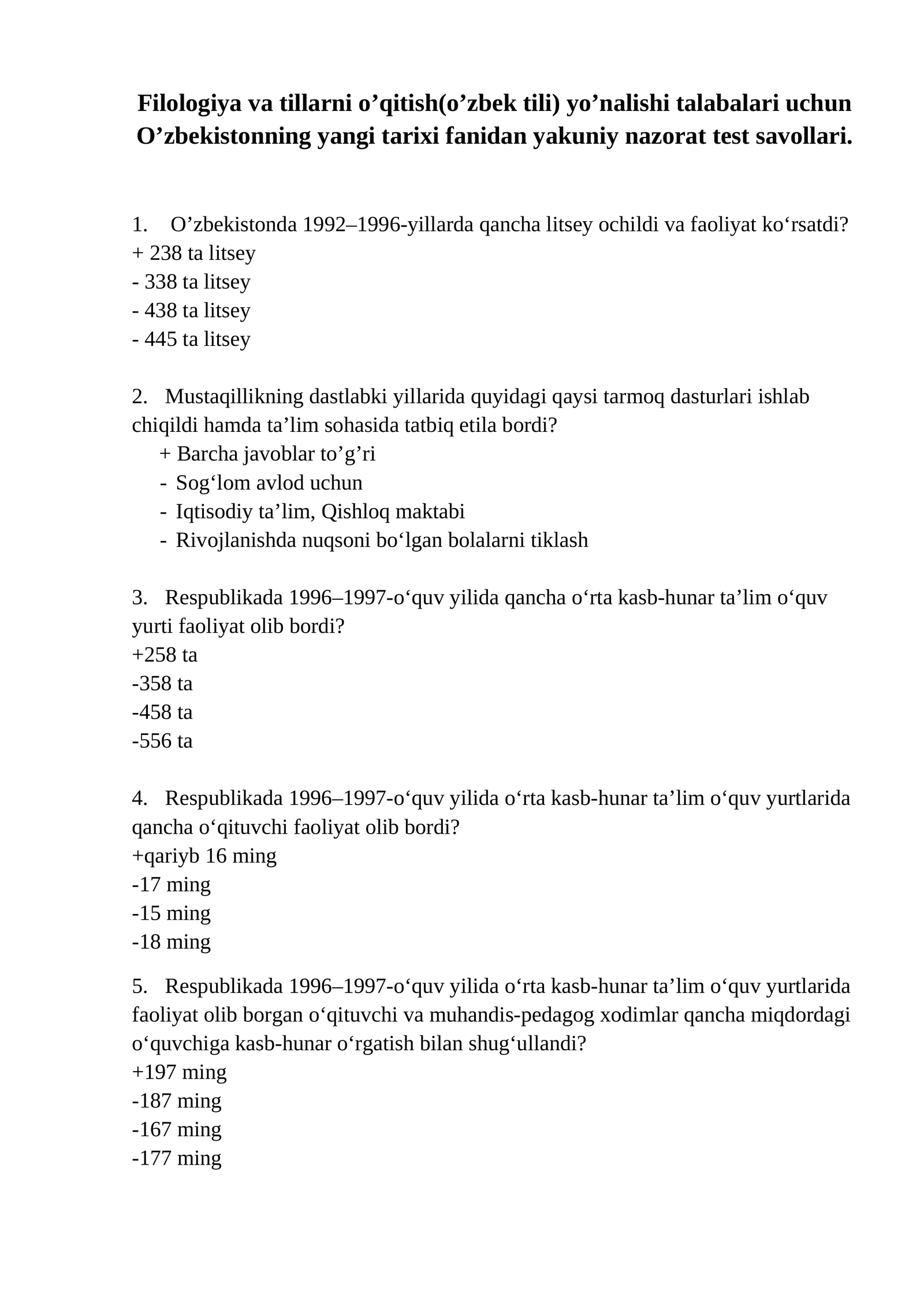 O'zbekistonning yangi tarixi fanidan yakuniy nazorat test savollari