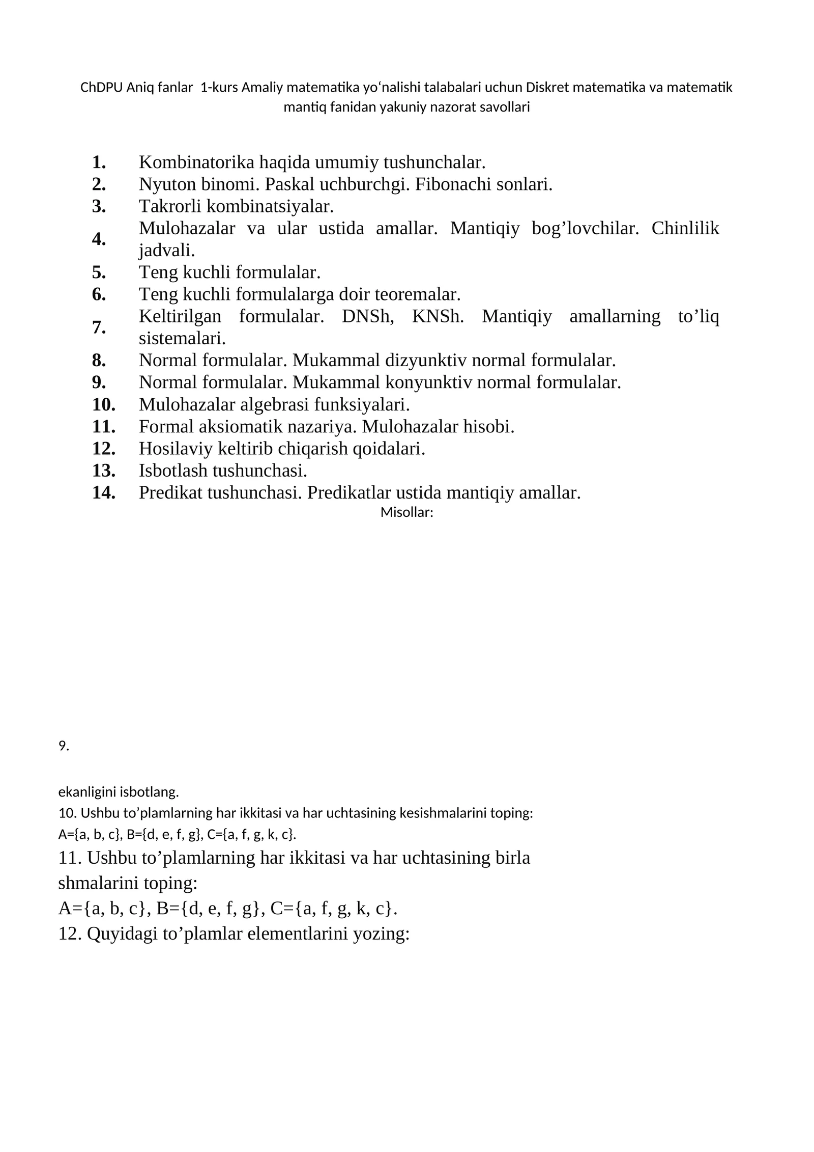 Diskret matematika va matematik mantiq fanidan yakuniy nazorat savollari