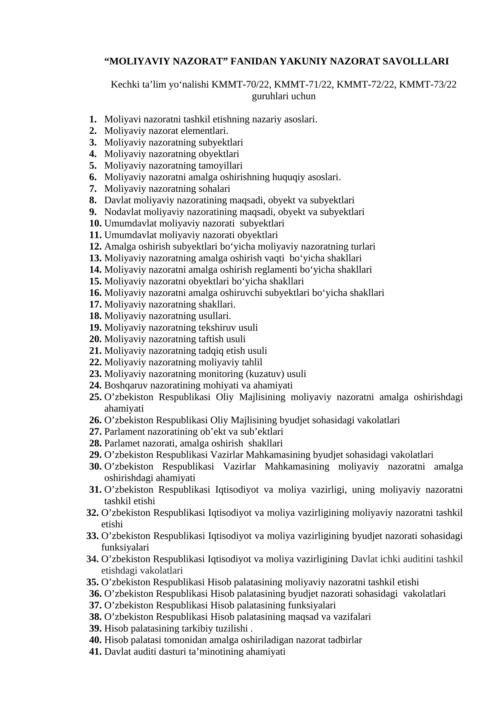 Moliyaviy Nazorat Fanidan Yakuniy Nazorat Savollari 2026