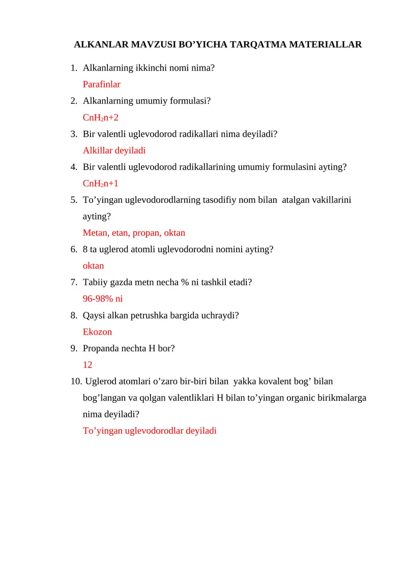 ALKANLAR MAVZUSI BO’YICHA TARQATMA MATERIALLAR