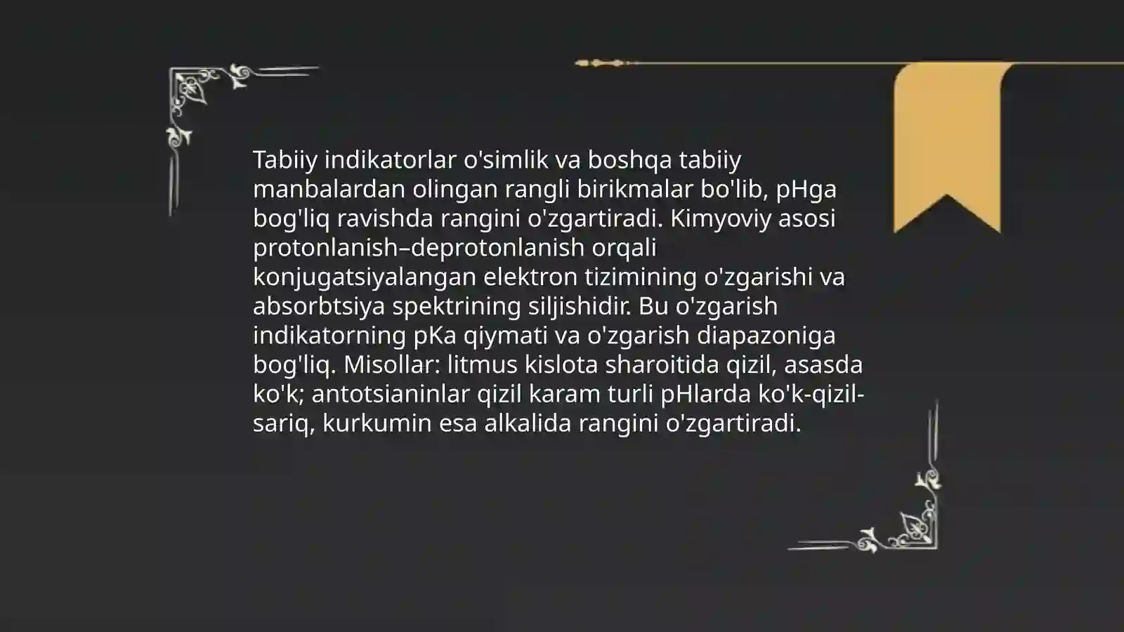 Ranglar tilida kimyo tabiiy indikatorlar yordamida kislata va asoslarni ...