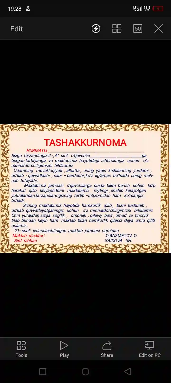 1-4 sinf tashakkurnoma