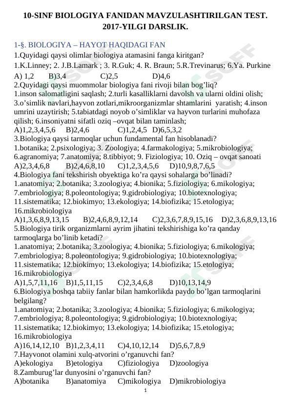Biologiya fanidan mavzulashtirilgan testlar