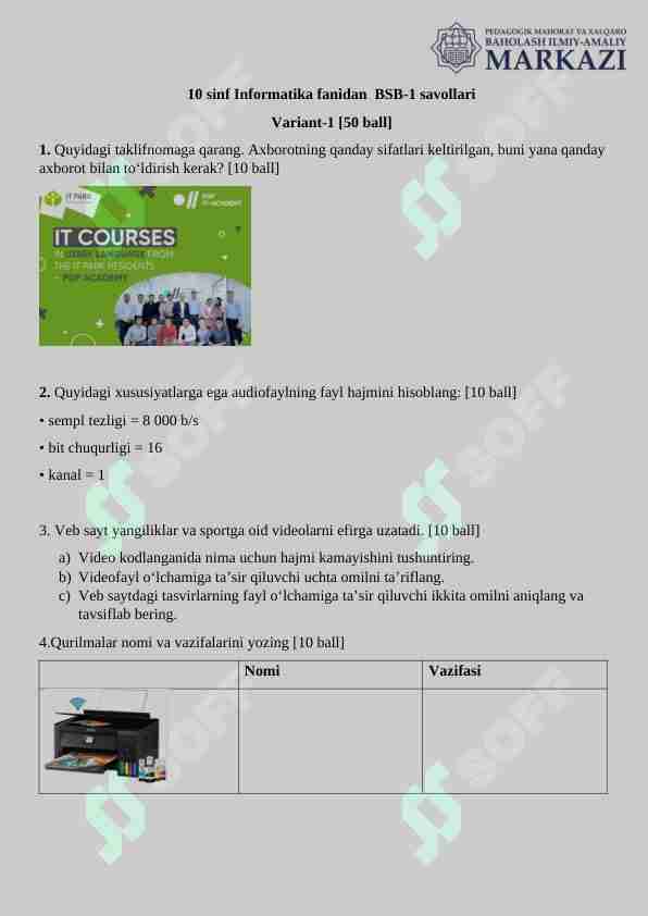 10-sinf informatika BSB I variant