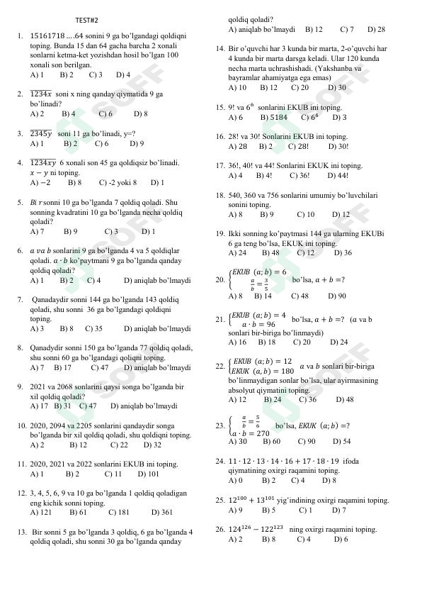 Matematika fanidan testlar 2