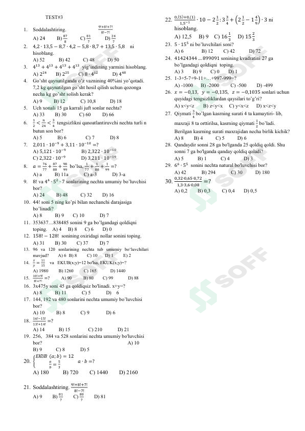Matematika fanidan testlar 3