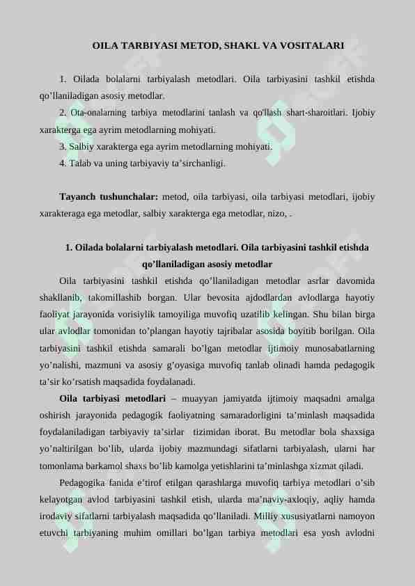 OILA TARBIYASI METOD, SHAKL VA VOSITALARI