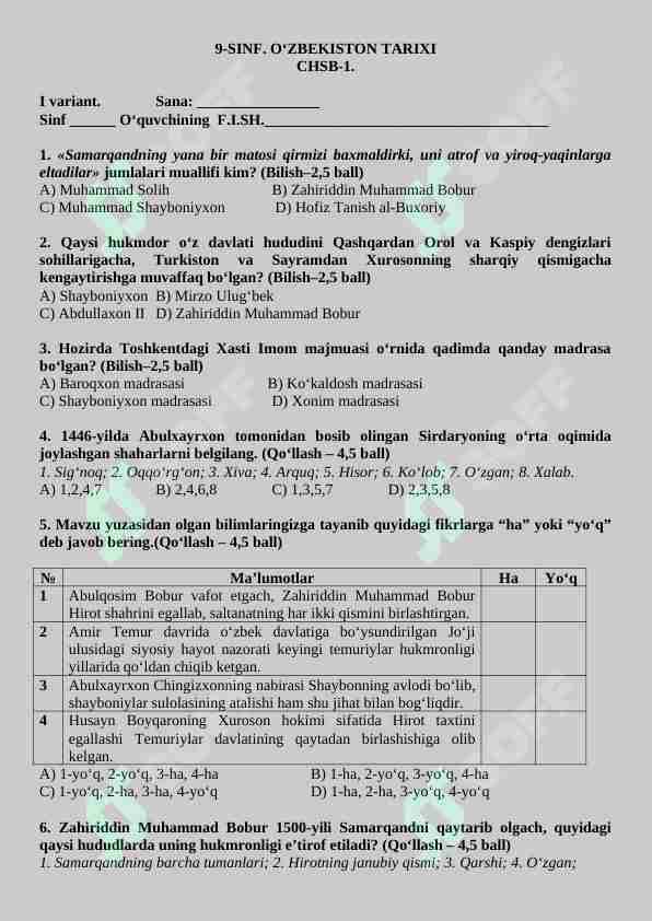 9-sinf O'zbekiston tarixi CHSB-1 orginal javoblari ham bor 4 ta variant