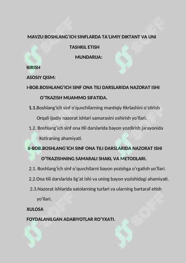 BOSHLANG’ICH SINFLARDA TA’LIMIY DIKTANT VA UNI TASHKIL ETISH