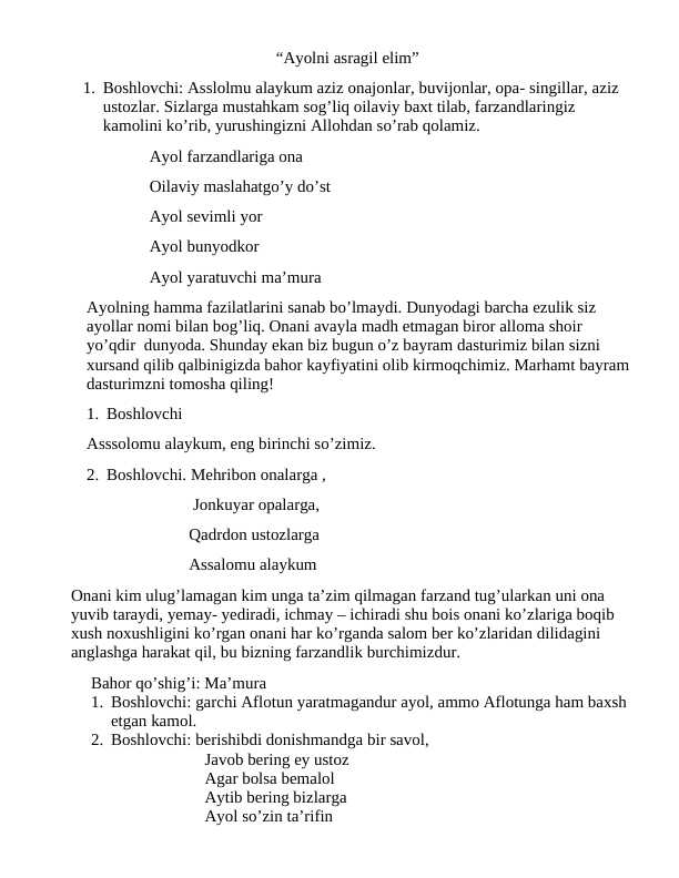 8-mart tadbir ssenatiysi. "Ayolni asragil elim"