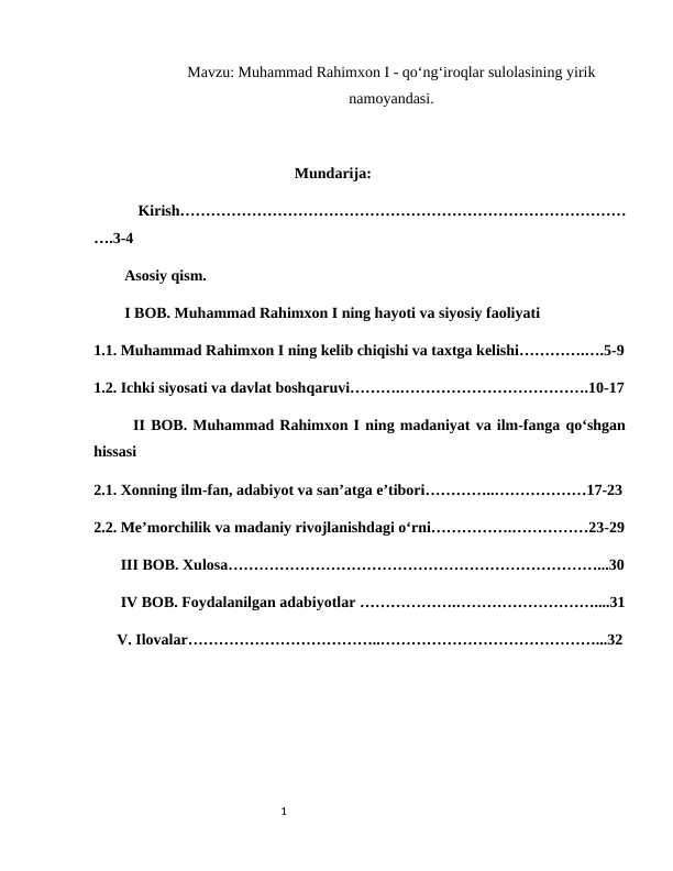 Mavzu: Muhammad Rahimxon I - qoʻngʻiroqlar sulolasining yirik namoyandasi.
