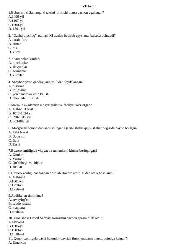8-sinf tarix test javoblari bilan