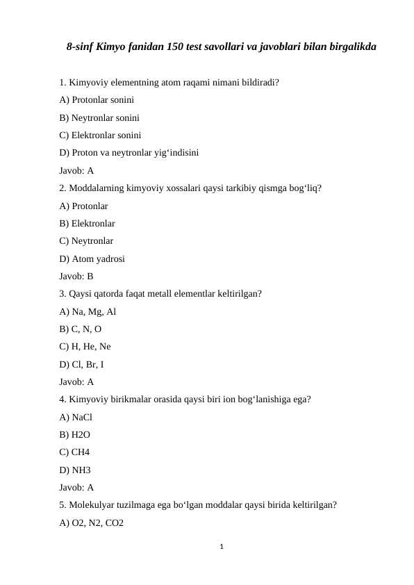 8-sinf Kimyo fanidan 150 test savollari va javoblari bilan birgalikda