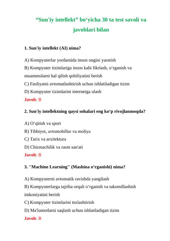 “Sun'iy intellekt” boʻyicha 30 ta test savoli va javoblari bilan