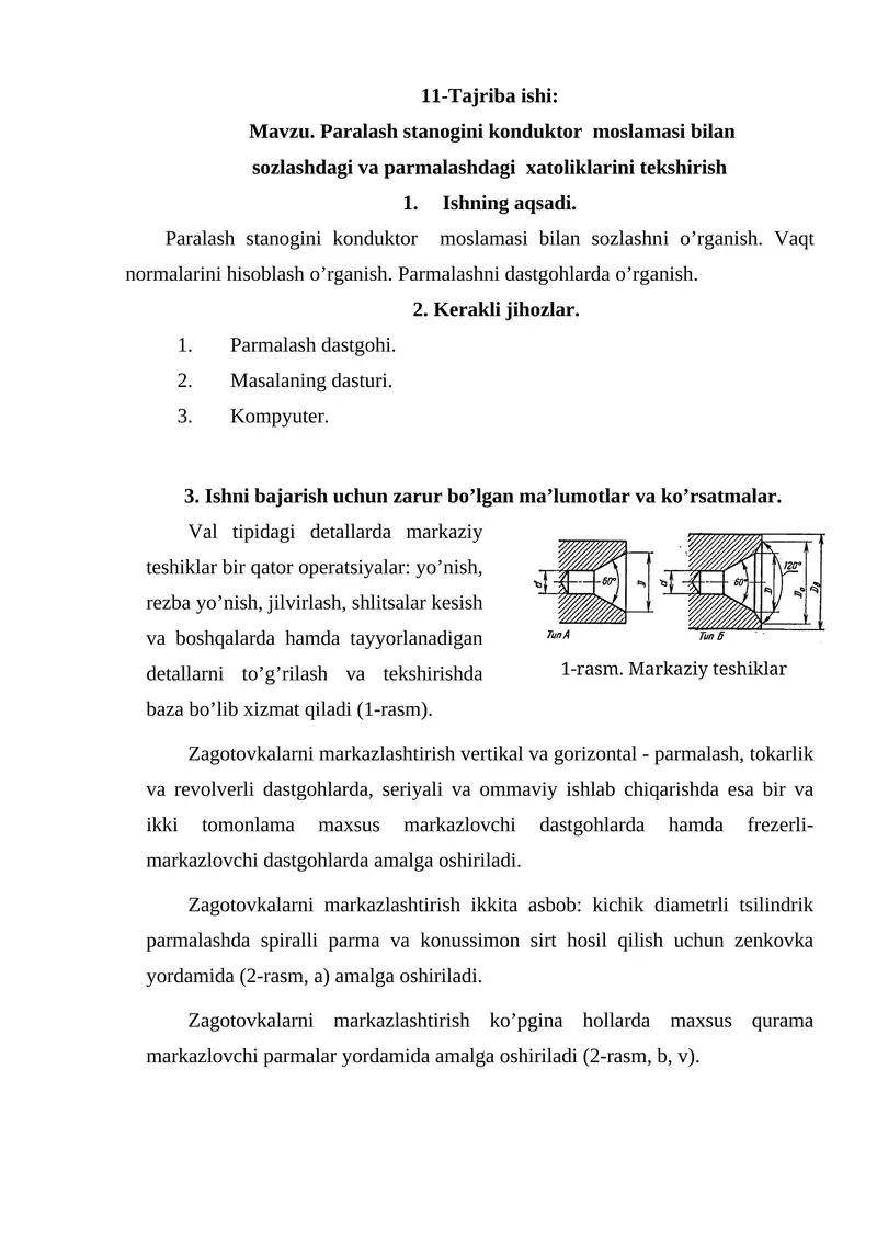 Paralash stanogini konduktor moslamasi bilan sozlashdagi va parmalashdagi xatoliklarini tekshirish