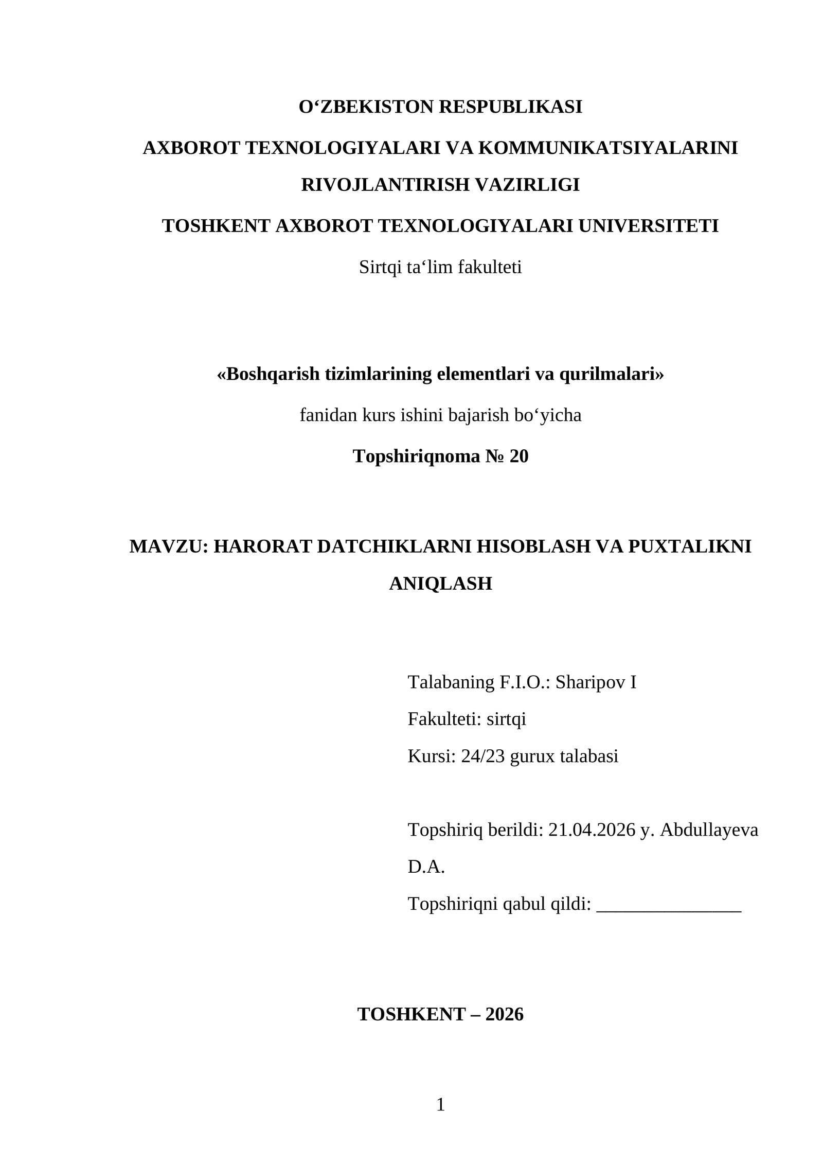 HARORAT DATCHIKLARNI HISOBLASH VA PUXTALIKNI ANIQLASH