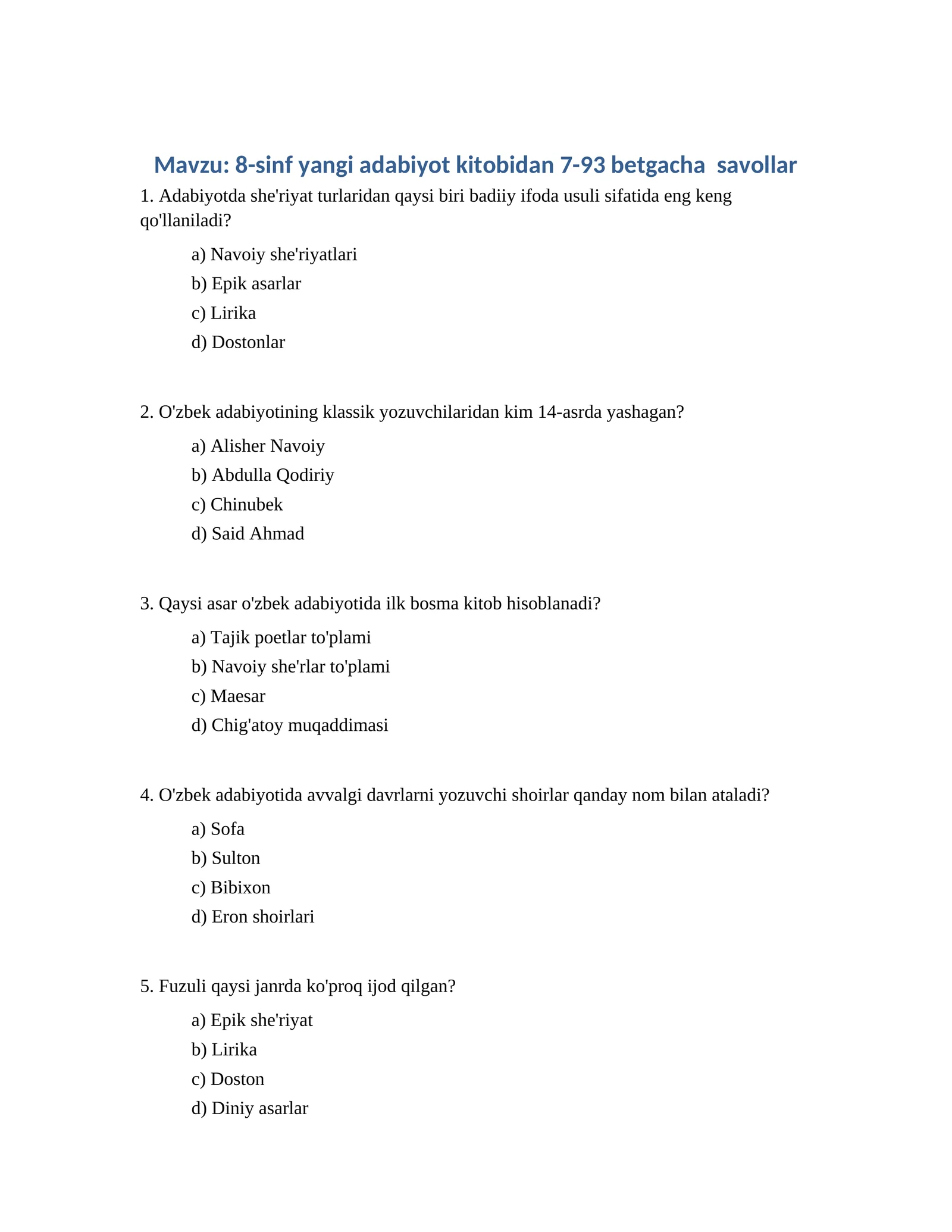 8-sinf yangi adabiyot kitobidan 7-93 betgacha savollar