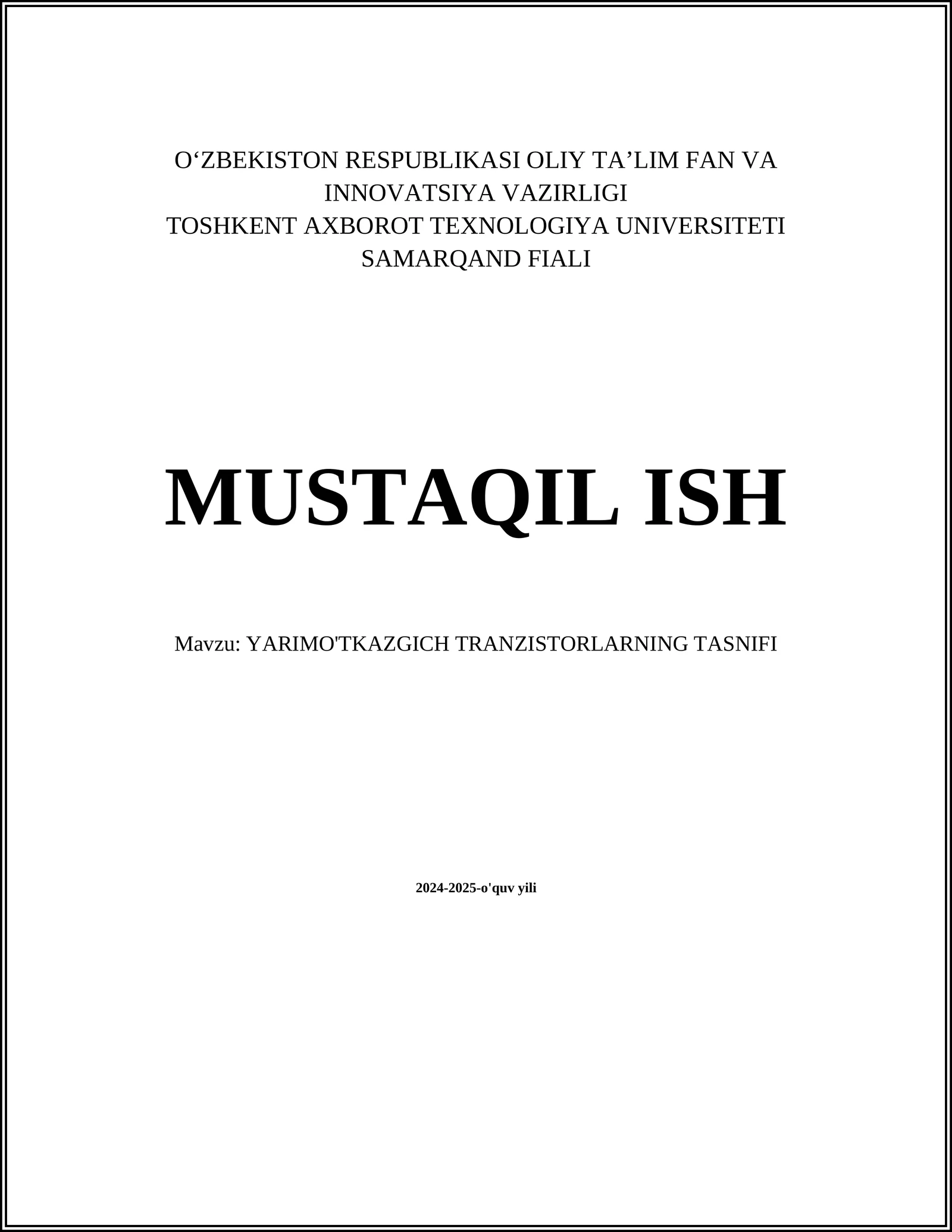 YARIMO'TKAZGICH TRANZISTORLARNING TASNIFI