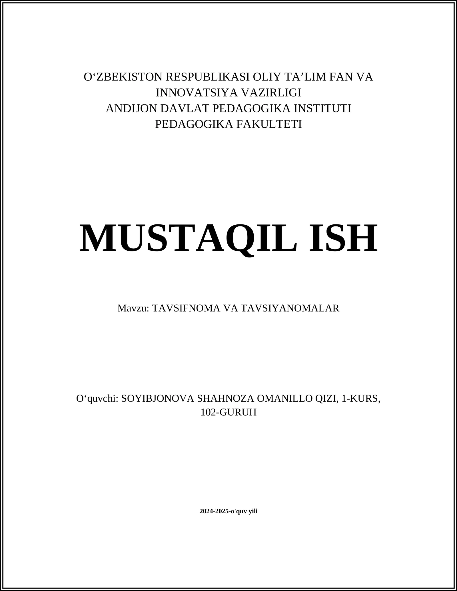 TAVSIFNOMA VA TAVSIYANOMALAR