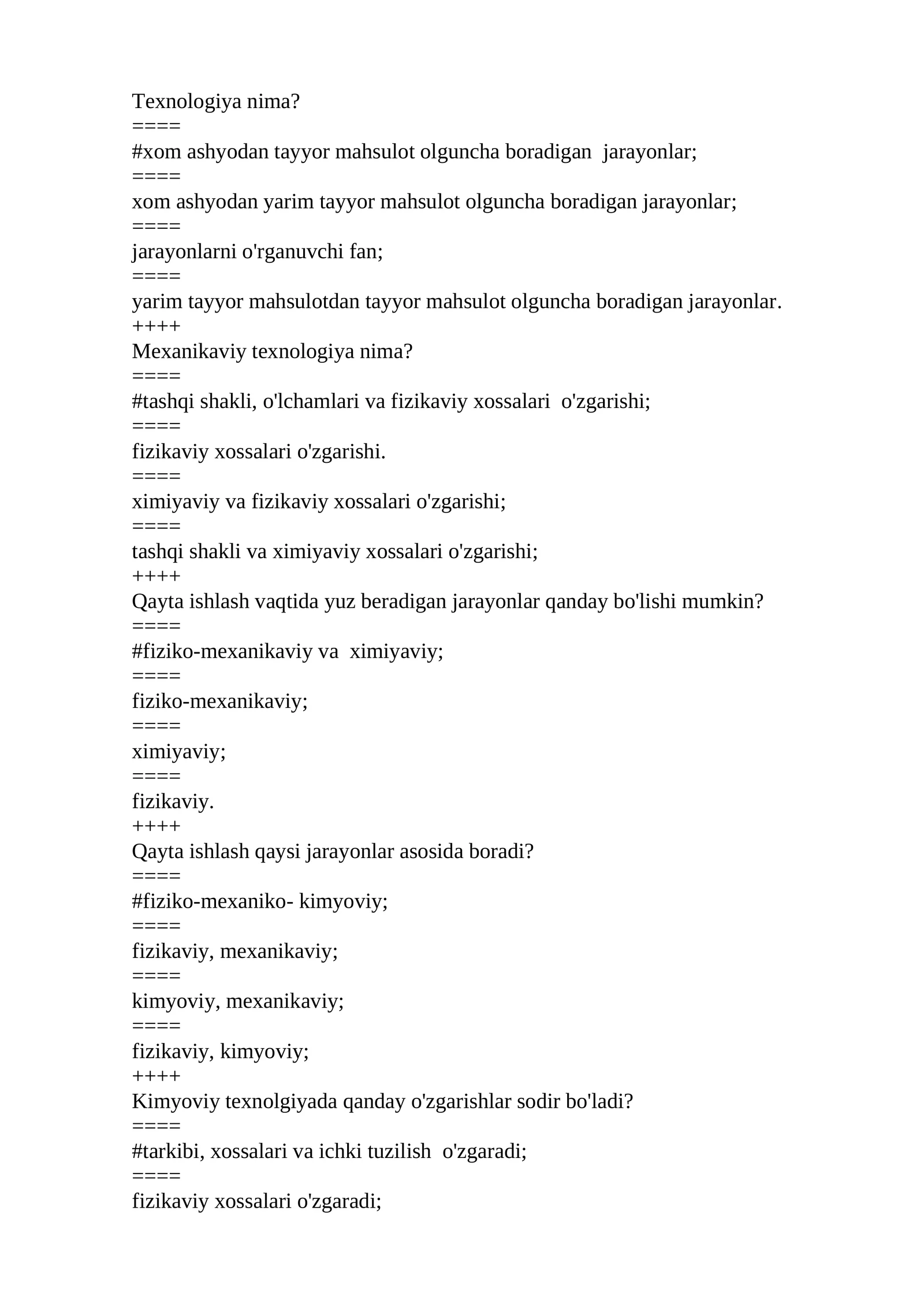 Texnologiya fanidan testlar