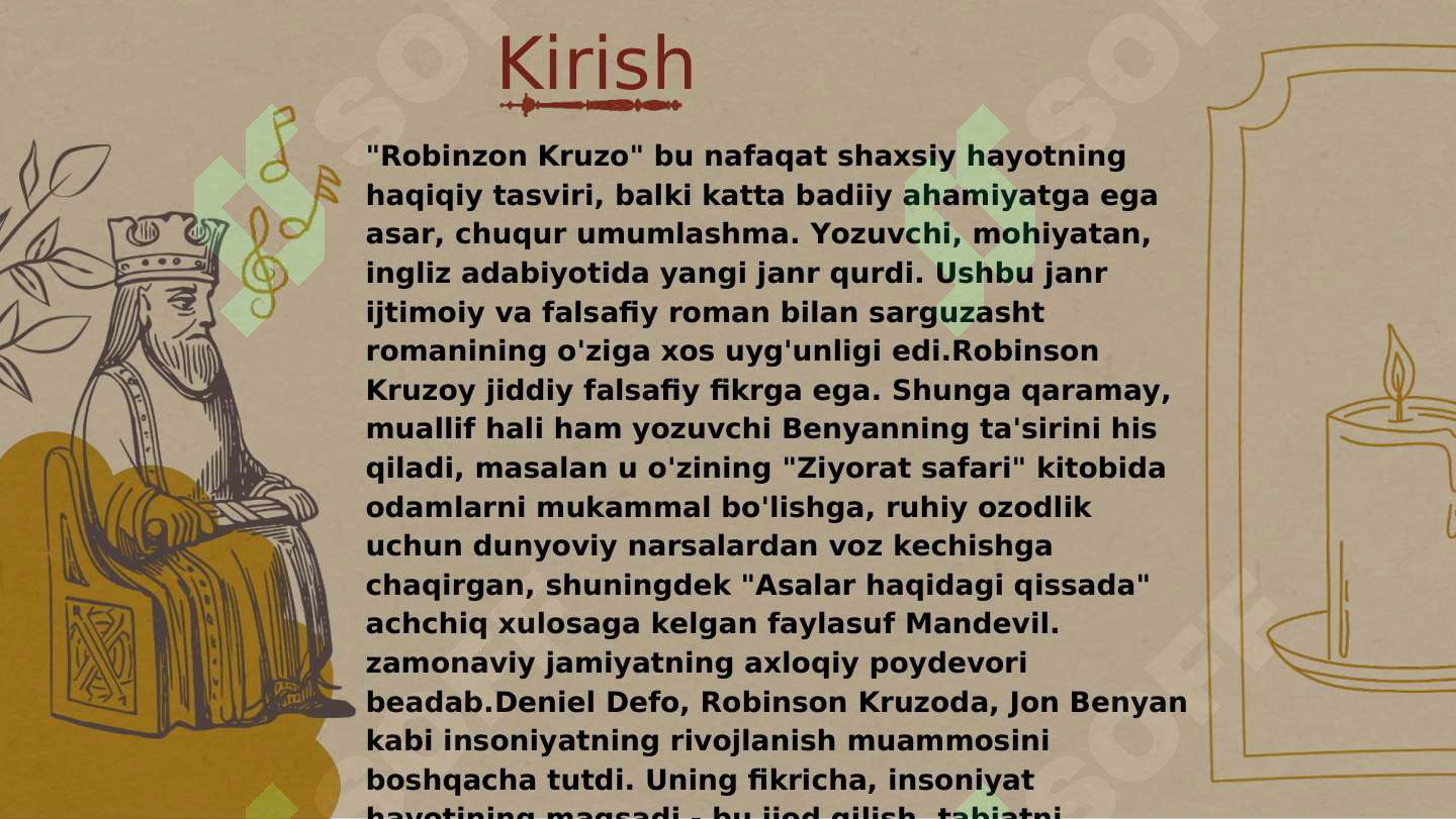 Robinzon D.Defoning Robinzon Kruzo romani badiyati