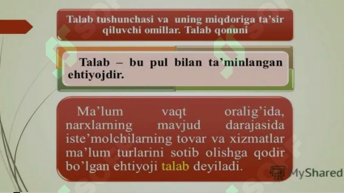 Talab Hom Talab tushunchasi.Talab qonuni.Talabga ta'sir etuvchi omillar