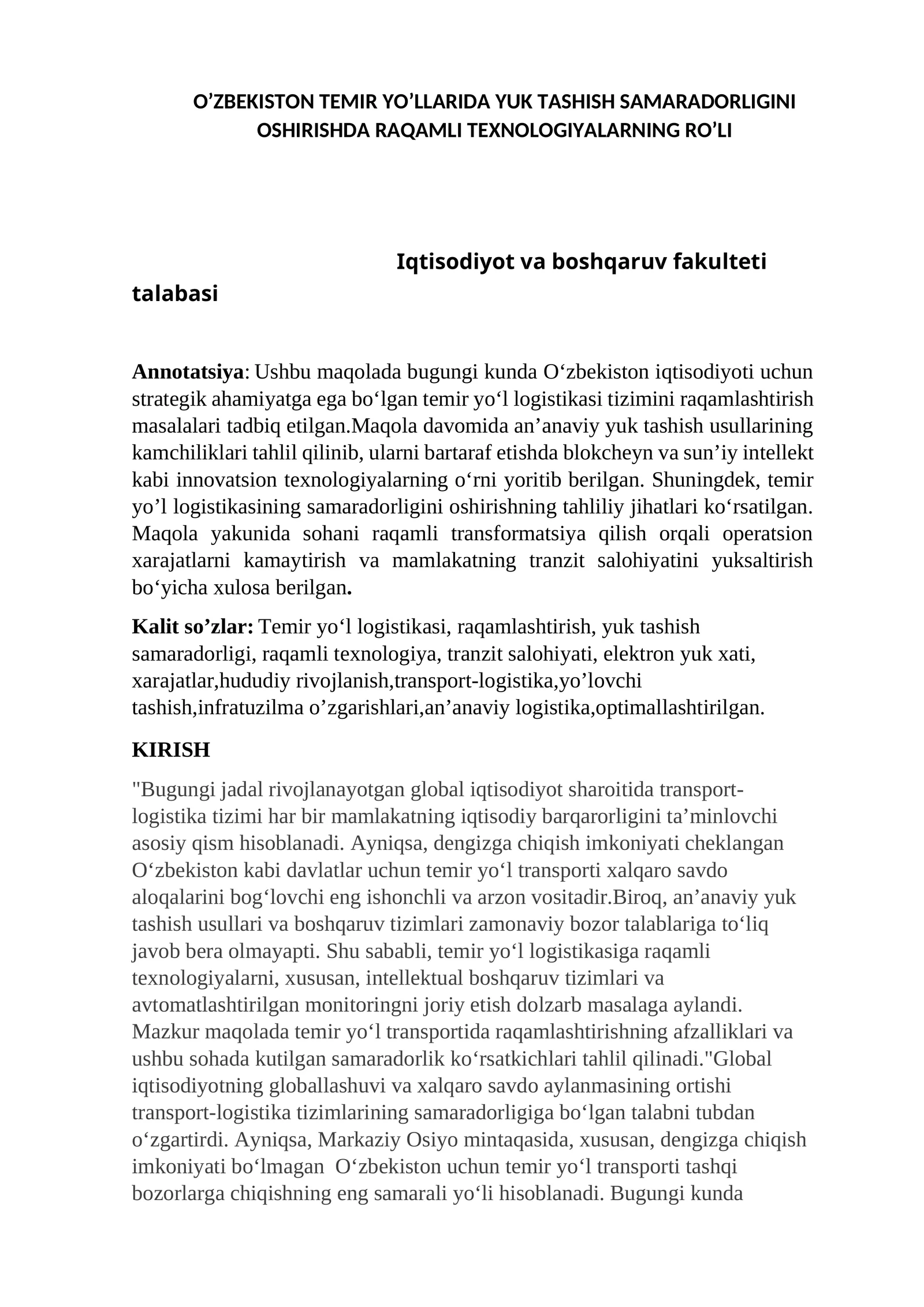Temir O'ZBEKISTON TEMIR YO’LLARIDA YUK TASHISH SAMARADORLIGINI OSHIRISHDA ...
